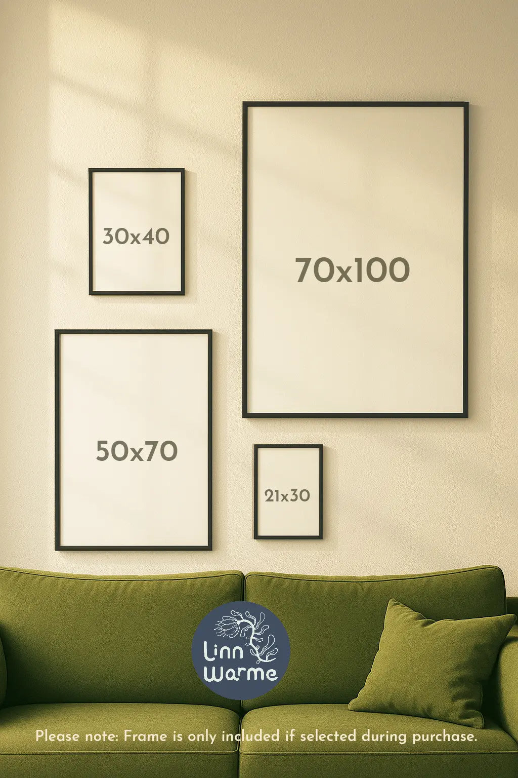 Framed artworks of different sizes on a wall with Linn Warme logo.