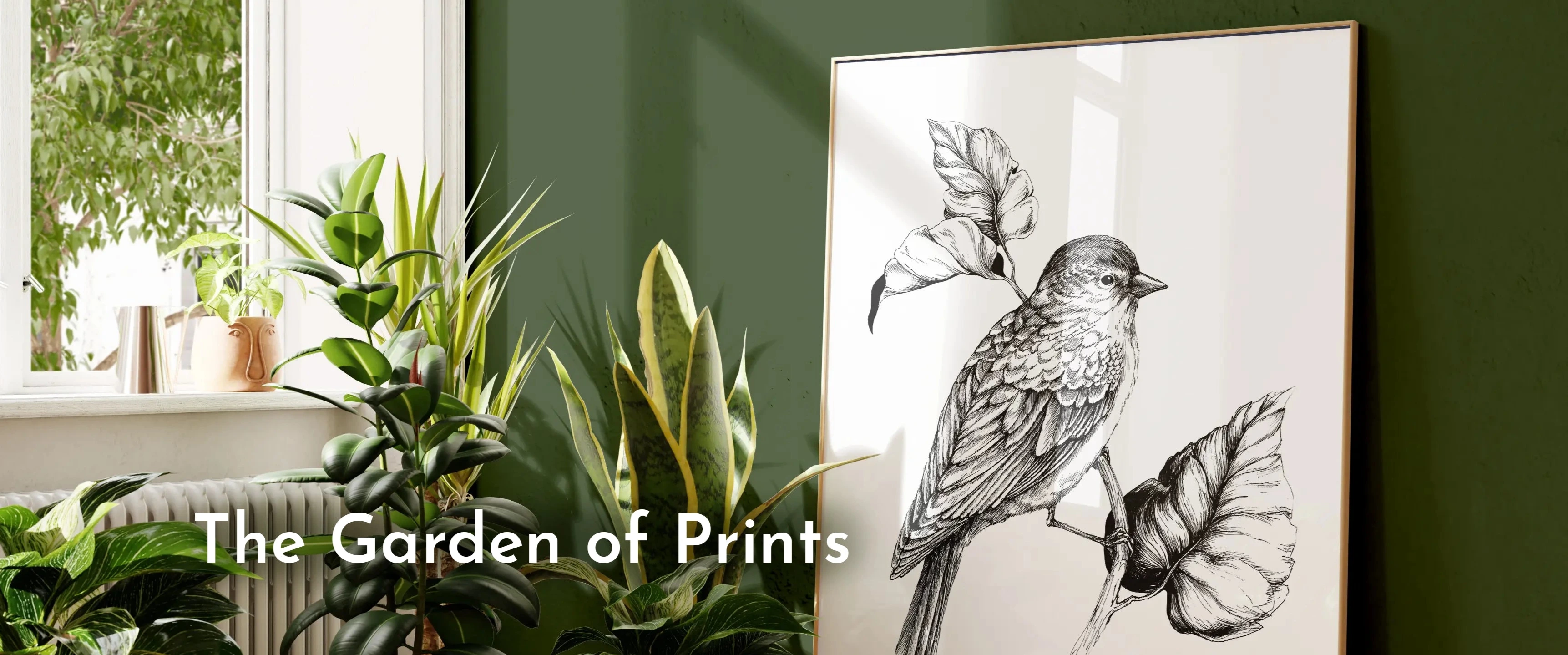 Framed artwork of a bird on a branch with plants and a window in the background